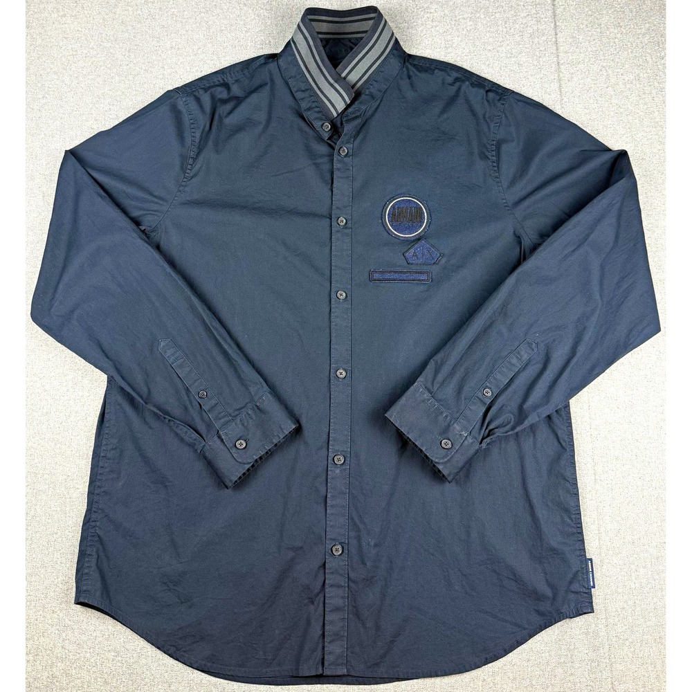 Armani Exchange Mens XL Shirt Navy Blue Embroidered Logo Long Sleeve A|X
